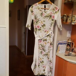 ITALUAN,LINEN Elegant Floral Midi Dress in White and Pink
